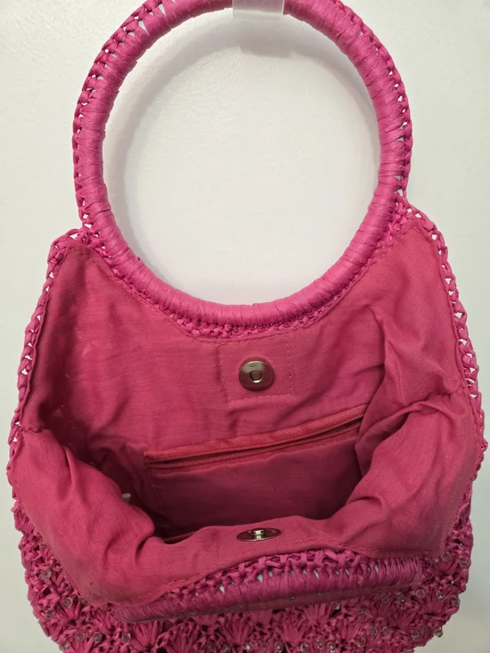 Woven Fuchsia Round-Handle Tote Raffia Bag - Picture 6 of 10